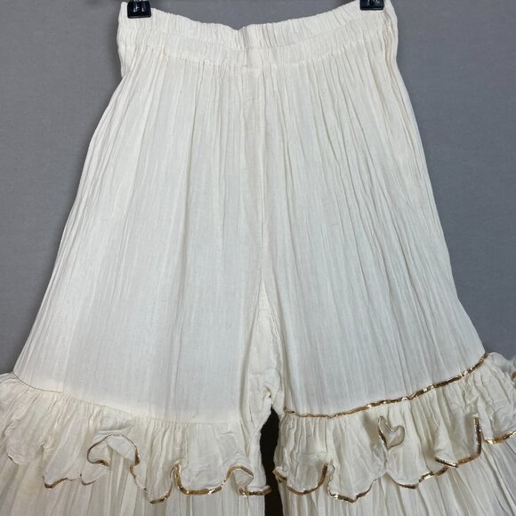 Sharara Bottoms Pants Tiered Gold Trim Flared Voluminous Off-White Elastic Waist - Picture 8 of 16
